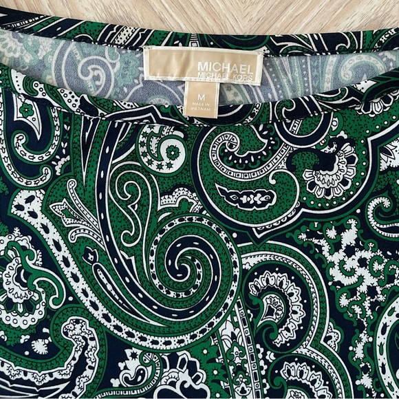 MICHAEL KORS Navy Green White Poly Blend Paisley Matt Jersey Shirt Dress - Picture 3 of 5